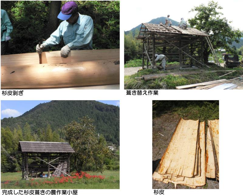 杉皮剥ぎと葺き替え作業の様子と完成した農作業小屋