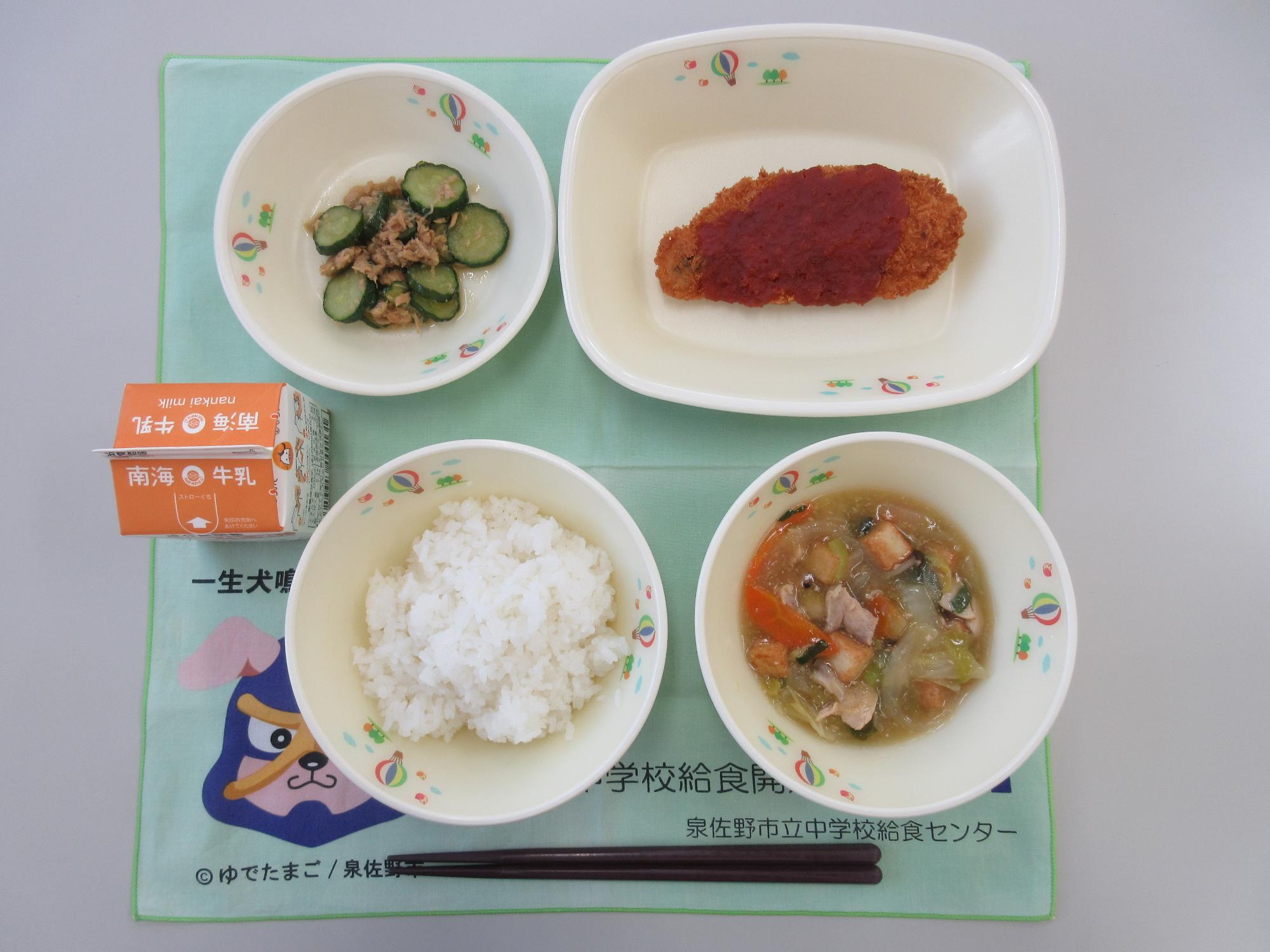 2月27日 牛乳 和風丼 白身魚フライ きゅうりとツナの生姜炒め